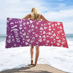 Aperturee - Sweet Hearts Gradient Purple Custom Name Beach Towel