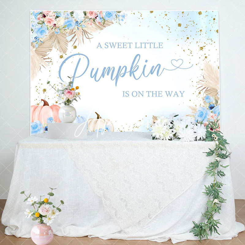 Aperturee - Sweet Pumpkin Blue Floral Baby Shower Backdrop