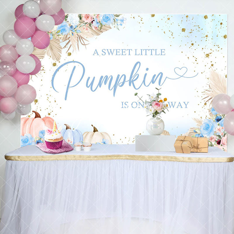 Aperturee - Sweet Pumpkin Blue Floral Baby Shower Backdrop
