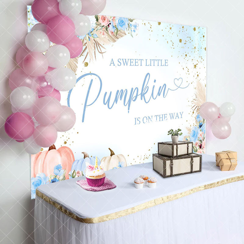 Aperturee - Sweet Pumpkin Blue Floral Baby Shower Backdrop