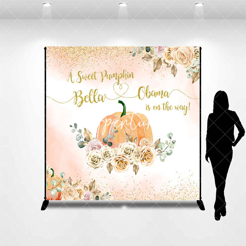 Aperturee - Sweet Pumpkin Floral Custom Name Baby Shower Backdrop