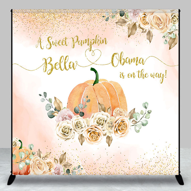 Aperturee - Sweet Pumpkin Floral Custom Name Baby Shower Backdrop