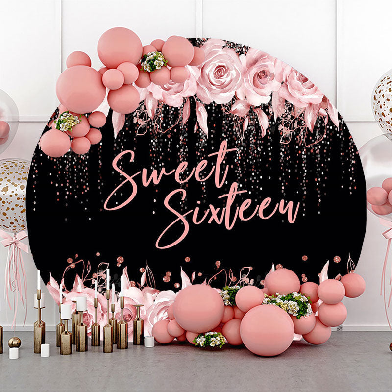 Aperturee - Sweet Sixteen Rose Black Round 16 Birthday Backdrop
