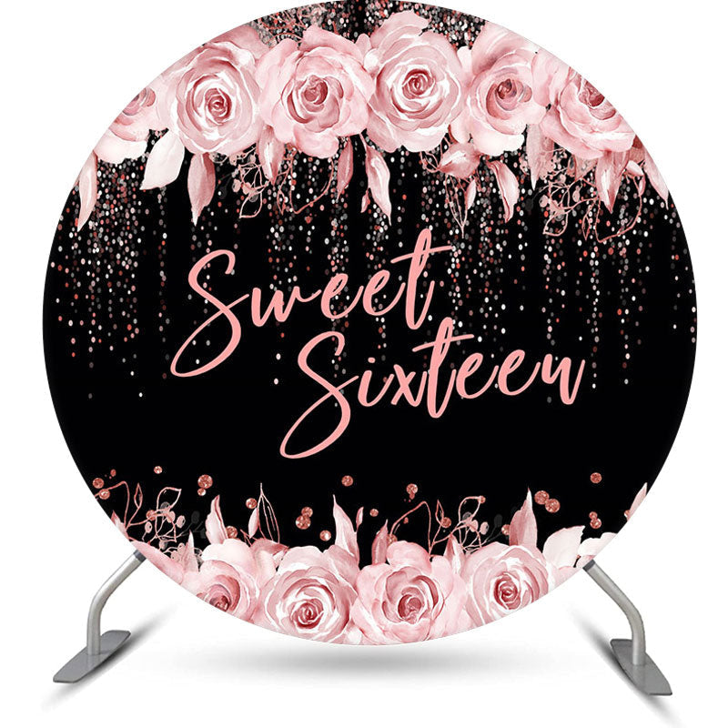 Aperturee - Sweet Sixteen Rose Black Round 16 Birthday Backdrop