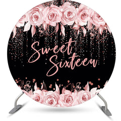 Aperturee - Sweet Sixteen Rose Black Round 16 Birthday Backdrop