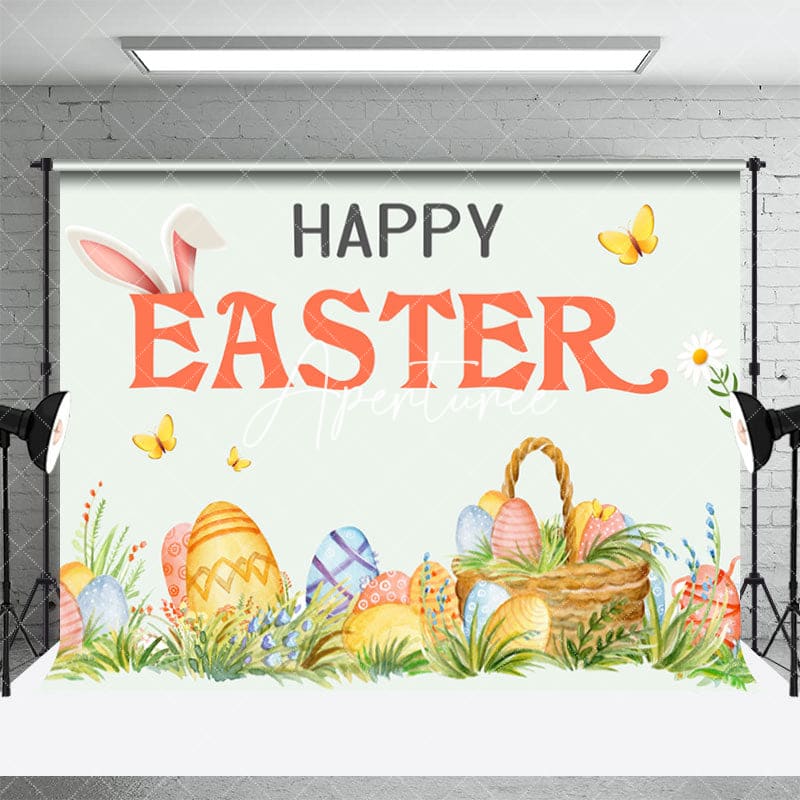 Aperturee - Cartoon Grassland Basket Eggs Happy Easter Backdrop