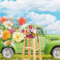 Aperturee - Green Truck Full Of Flowers Blue Sky Spring Backdrop
