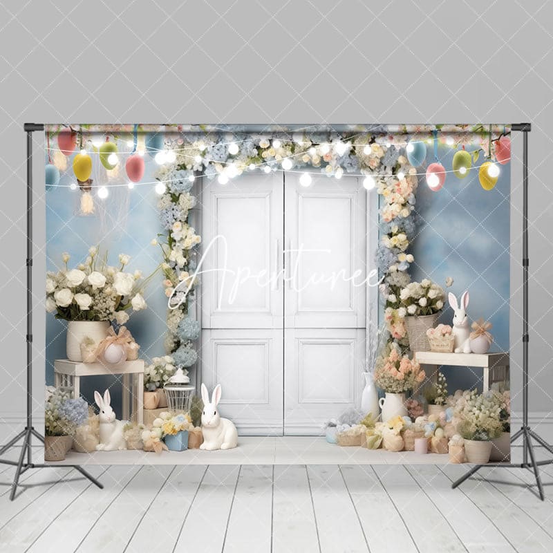 Aperturee - Light Blue Bunny Floral Paschal Eggs Easter Backdrop