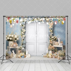 Aperturee - Light Blue Bunny Floral Paschal Eggs Easter Backdrop