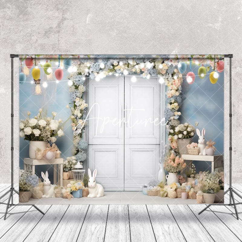 Aperturee - Light Blue Bunny Floral Paschal Eggs Easter Backdrop