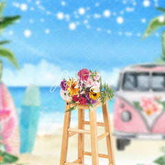Aperturee - Pink Bus Surfboard Hawaii Beach Floral Summer Backdrop