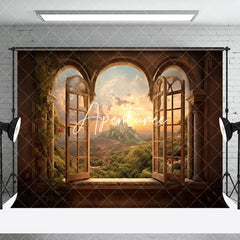 Aperturee - Sunset Mountain Tree Natural Window Scenery Backdrop