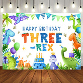 Aperturee - Three Rex Cartoon Dinosaur Boy 3rd Birthday Backdrop