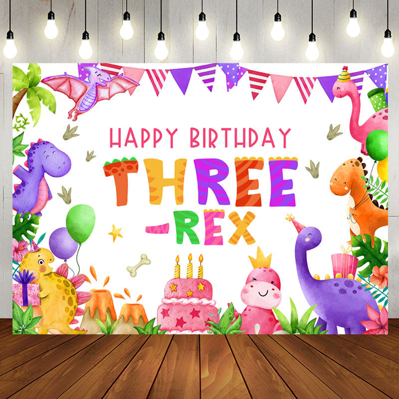 Aperturee - Three Rex Cute Dinosaur Girl 3rd Birthday Backdrop
