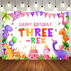 Aperturee - Three Rex Cute Dinosaur Girl 3rd Birthday Backdrop