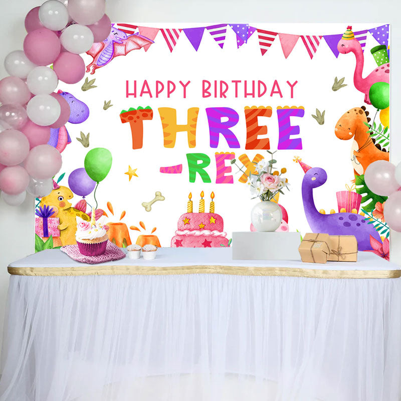 Aperturee - Three Rex Cute Dinosaur Girl 3rd Birthday Backdrop