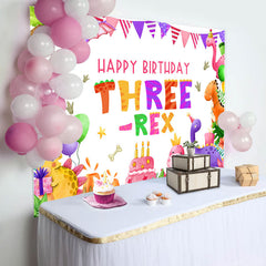 Aperturee - Three Rex Cute Dinosaur Girl 3rd Birthday Backdrop