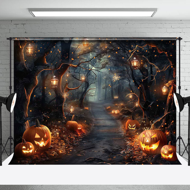 Aperturee - Thrilling Path Pumpkins Forest Halloween Backdrop