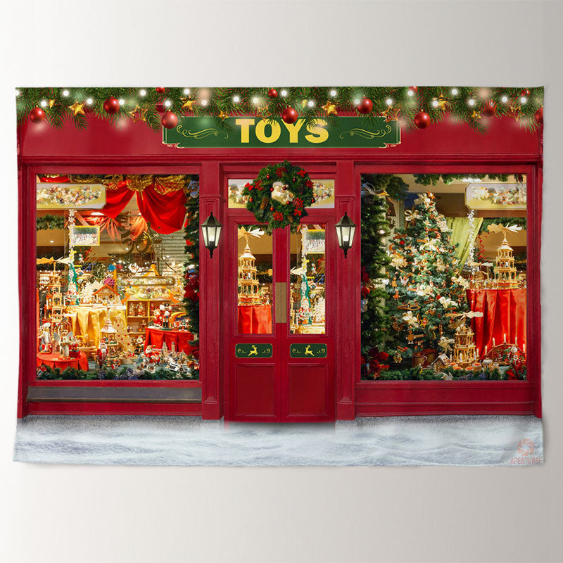 Aperturee - Toy Store Red Door Wreath Light Christmas Backdrop