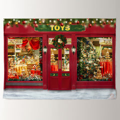 Aperturee - Toy Store Red Door Wreath Light Christmas Backdrop