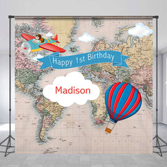 Aperturee - Travel Map Aircraft Custom 1st Birthday Backdrop