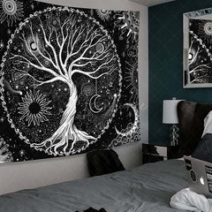 Aperturee Tree of Life Black And White Moon Galaxy Wall Tapestry