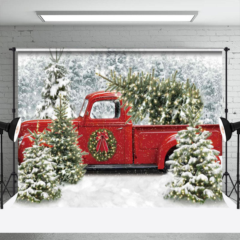 Truck Christmas Tree Snowy Forest Photo Backdrop - Aperturee