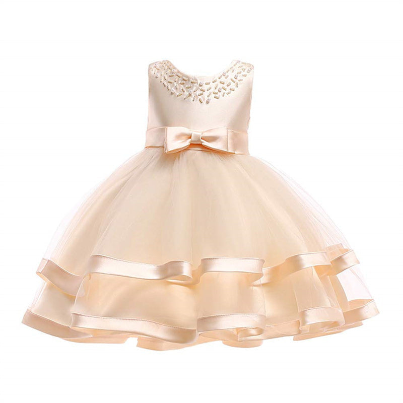 Aperturee - Tulle Bow Puffy Formal Party Wedding Kids Dress