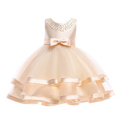 Aperturee - Tulle Bow Puffy Formal Party Wedding Kids Dress