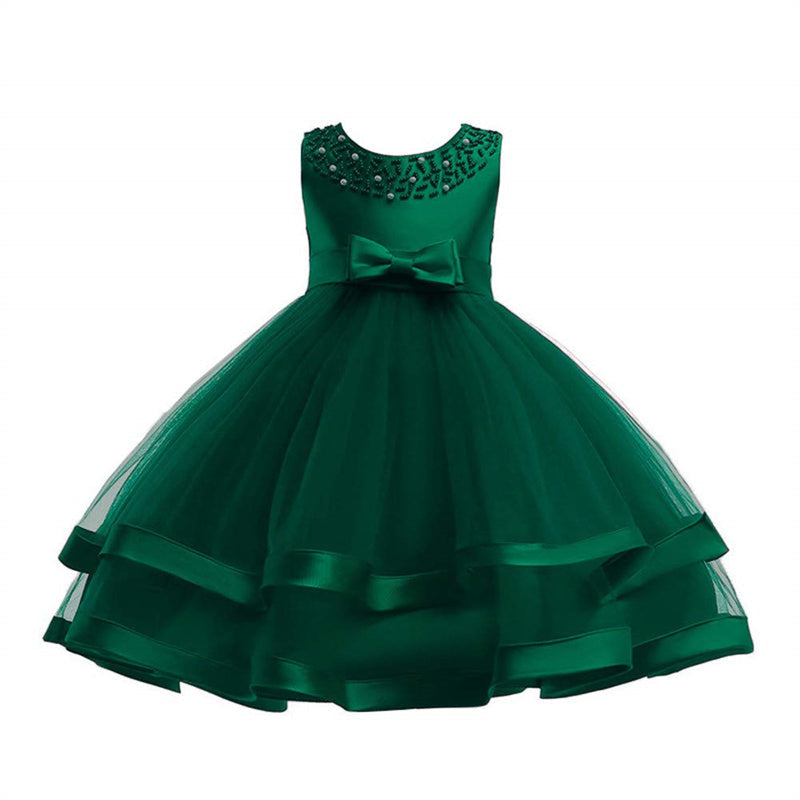 Aperturee - Tulle Bow Puffy Formal Party Wedding Kids Dress