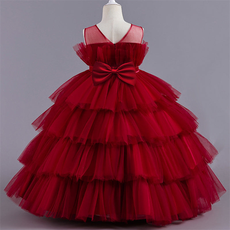 Aperturee - Tulle Princess Ruffles Lace Tiered Party Kids Dress