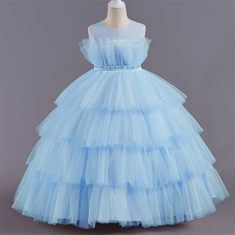 Aperturee - Tulle Princess Ruffles Lace Tiered Party Kids Dress