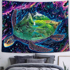 Aperturee Turtle World Novelty Cartoon Trippy Mountain Wall Tapestry