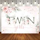 Aperturee - Twin Girls Pink Floral Glitter Baby Shower Backdrop