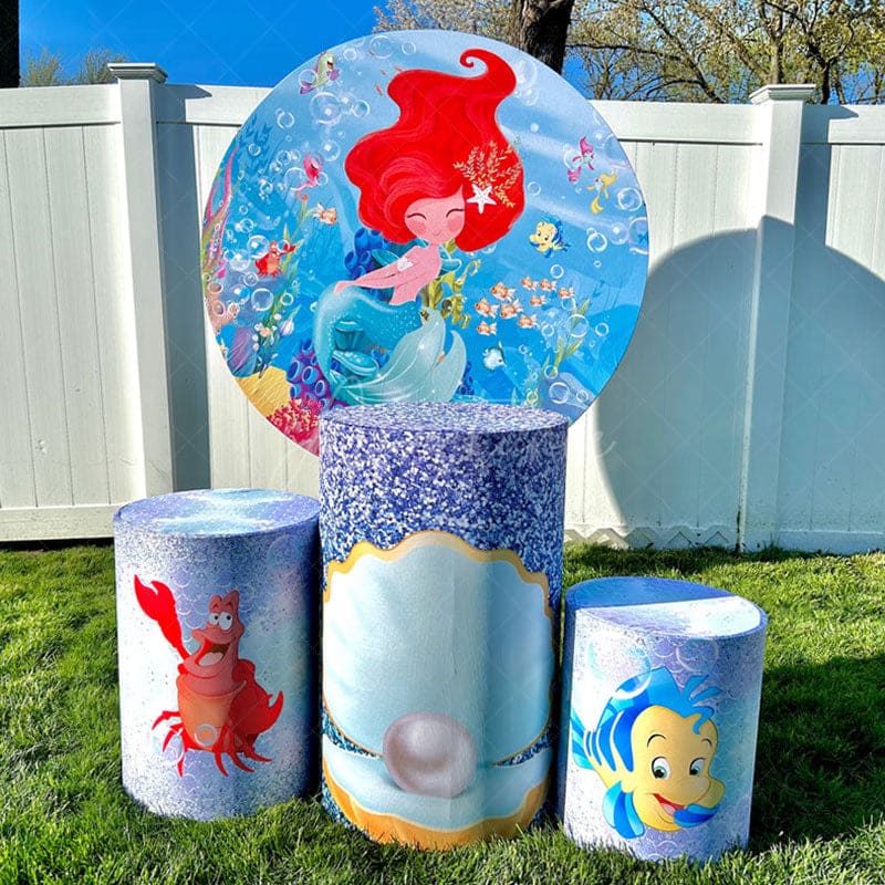 Aperturee - Undersea Little Mermaid Round Birthday Backdrop Kit for Girl