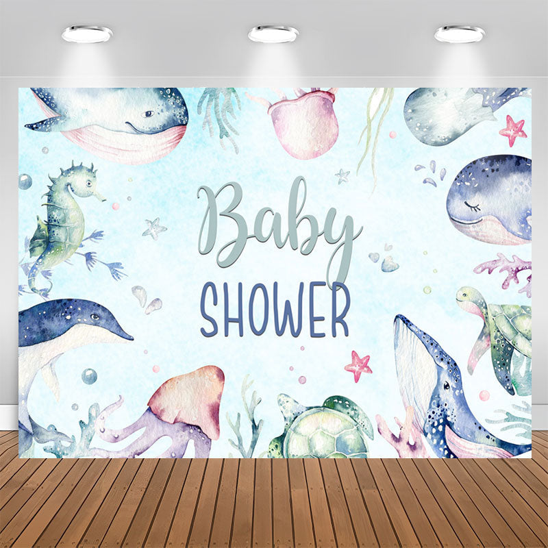 Aperturee - Underwater Animals Light Blue Baby Shower Backdrop