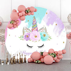 Aperturee - Unicorn Floral Oil Painting Round Birthday Backdrop