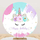 Aperturee - Unicorn Floral Oil Painting Round Birthday Backdrop