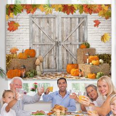 Aperturee - (7 Day Delivery) Aperturee Maple Pumpkin Brick Wall Wooden Door Autumn Backdrop