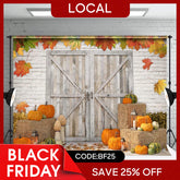 Aperturee - (7 Day Delivery) Aperturee Maple Pumpkin Brick Wall Wooden Door Autumn Backdrop