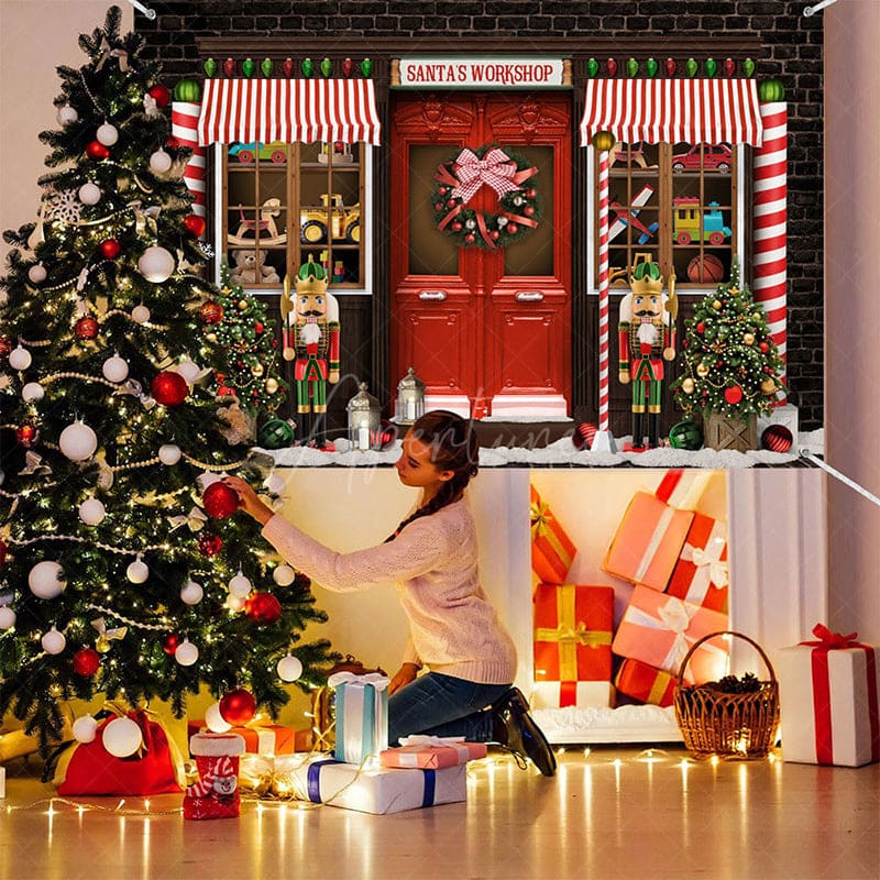 Aperturee - (7 Day Delivery) Aperturee Festive Brown Red Christmas Santa Workshop Backdrop