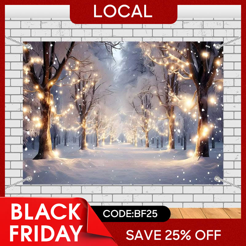 Aperturee - (7 Day Delivery) Aperturee Light Twinkling Snowy Winter Forest Tree Backdrop