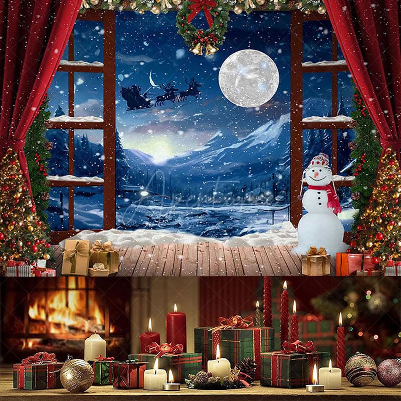 Aperturee - (7 Day Delivery) Aperturee Red Curtain Snowy Window Night Christmas Backdrop