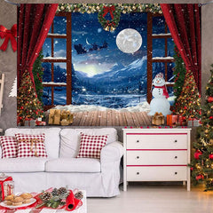 Aperturee - (7 Day Delivery) Aperturee Red Curtain Snowy Window Night Christmas Backdrop