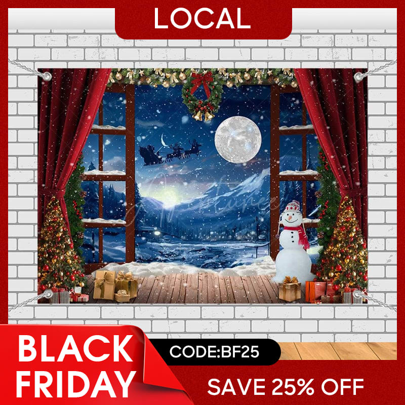 Aperturee - (7 Day Delivery) Aperturee Red Curtain Snowy Window Night Christmas Backdrop