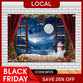 Aperturee - (7 Day Delivery) Aperturee Red Curtain Snowy Window Night Christmas Backdrop