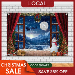 Aperturee - (7 Day Delivery) Aperturee Red Curtain Snowy Window Night Christmas Backdrop
