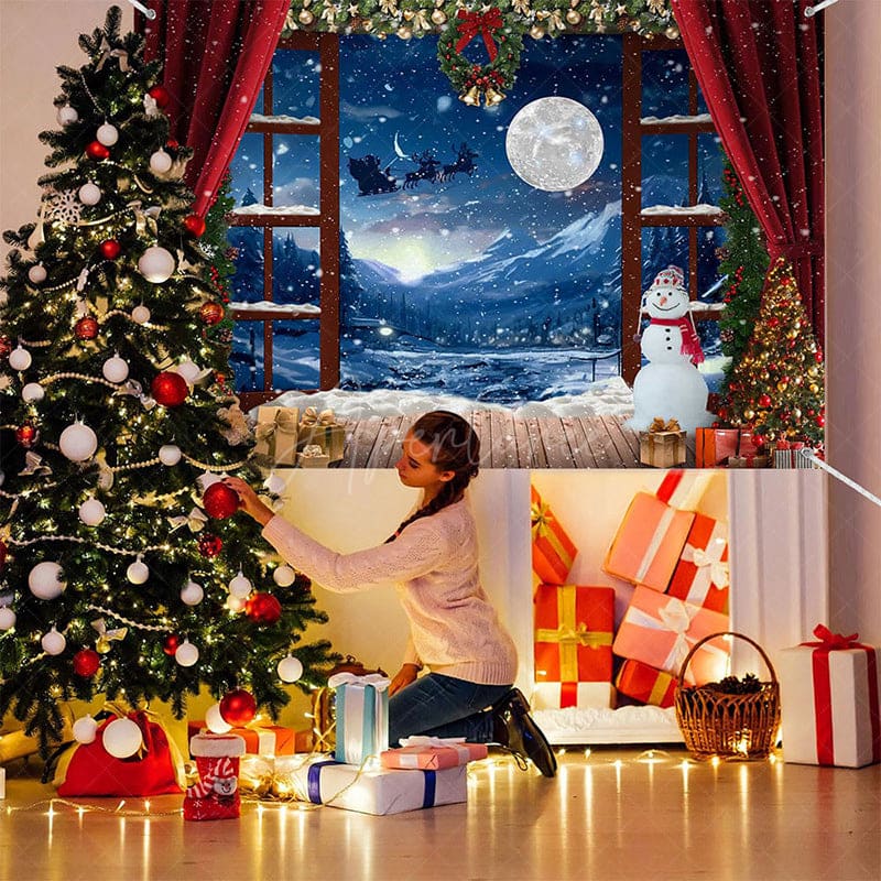 Aperturee - (7 Day Delivery) Aperturee Red Curtain Snowy Window Night Christmas Backdrop