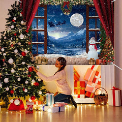 Aperturee - (7 Day Delivery) Aperturee Red Curtain Snowy Window Night Christmas Backdrop