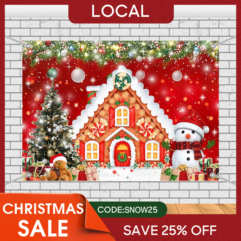 Aperturee - (7 Day Delivery) Aperturee Red Festive Christmas Gingerbread House Backdrop